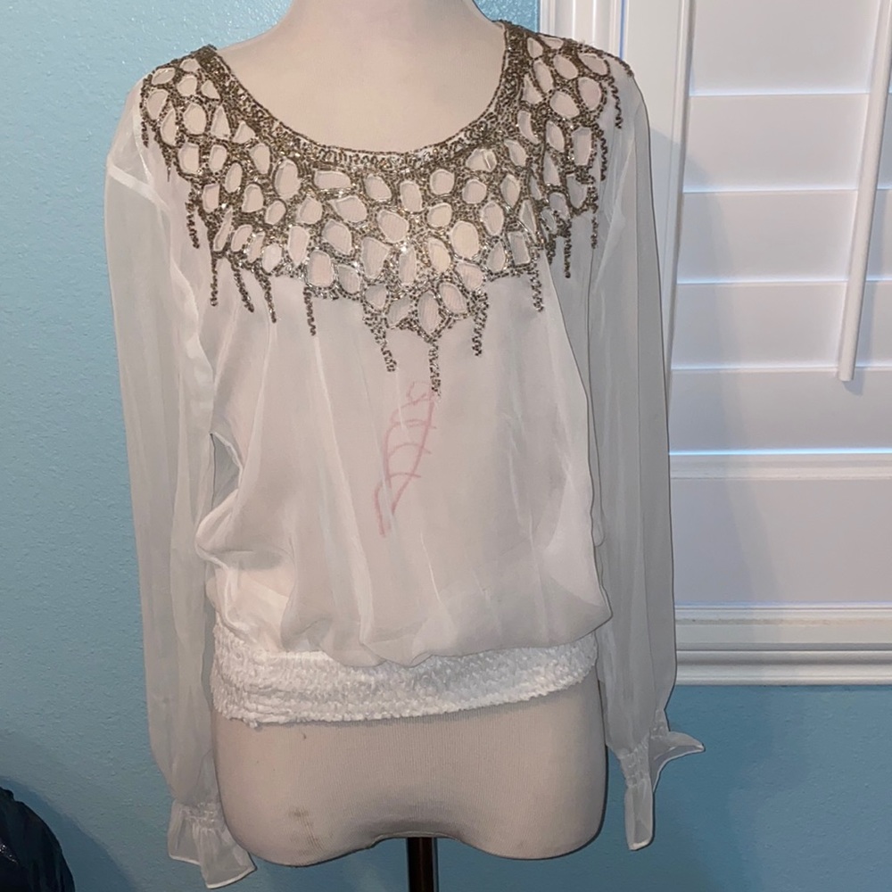 Sheer long sleeve beaded chiffon blouse